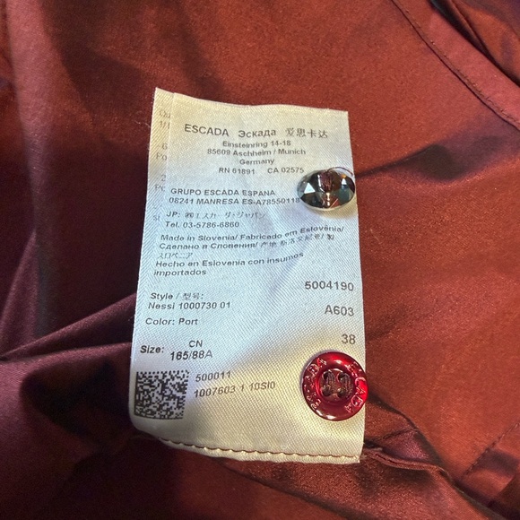 Escada Port Maroon Shimmer Stretch Button Down Blouse Crystal Buttons  38 (US 8) - Picture 8 of 14